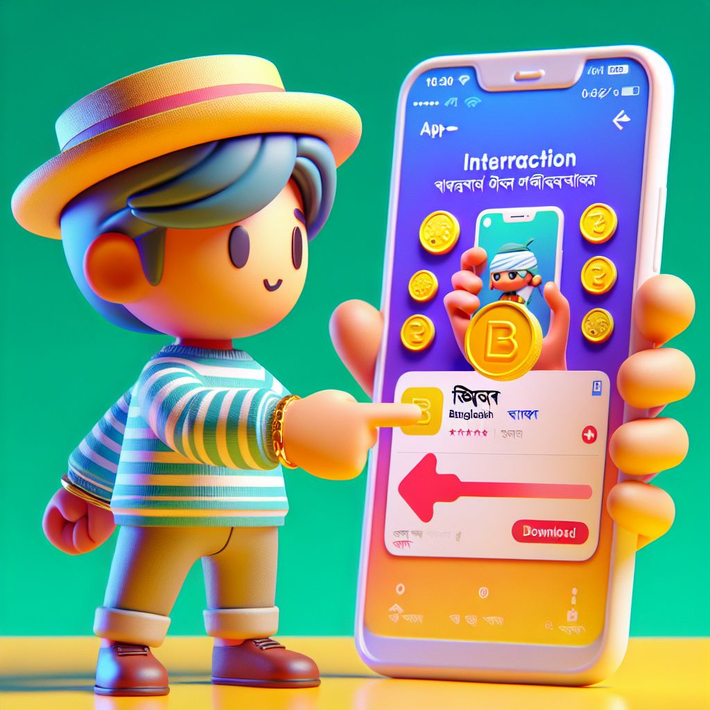 BDT999 app themed cartoon character holding a smartphone with coins and app icons