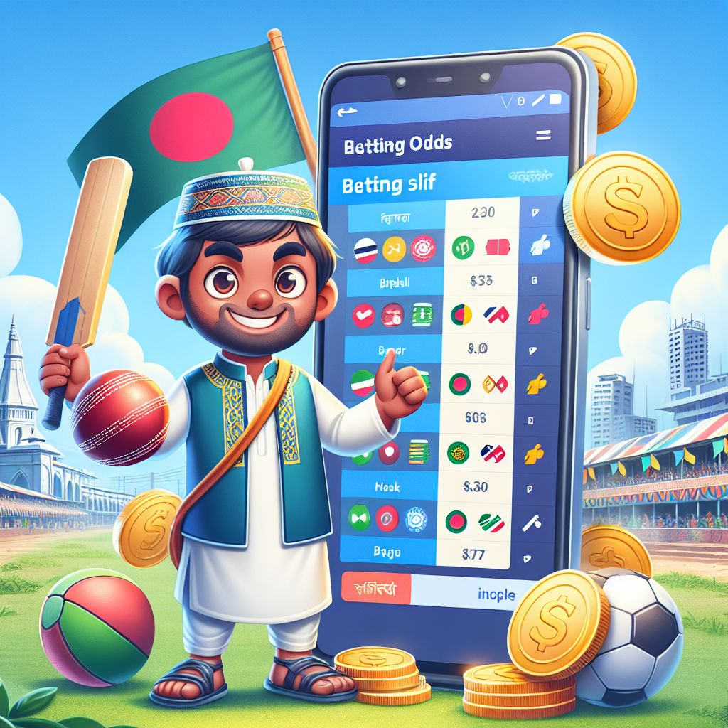 BDT999 themed cartoon bettor viewing live odds on a phone with cricket and football icons