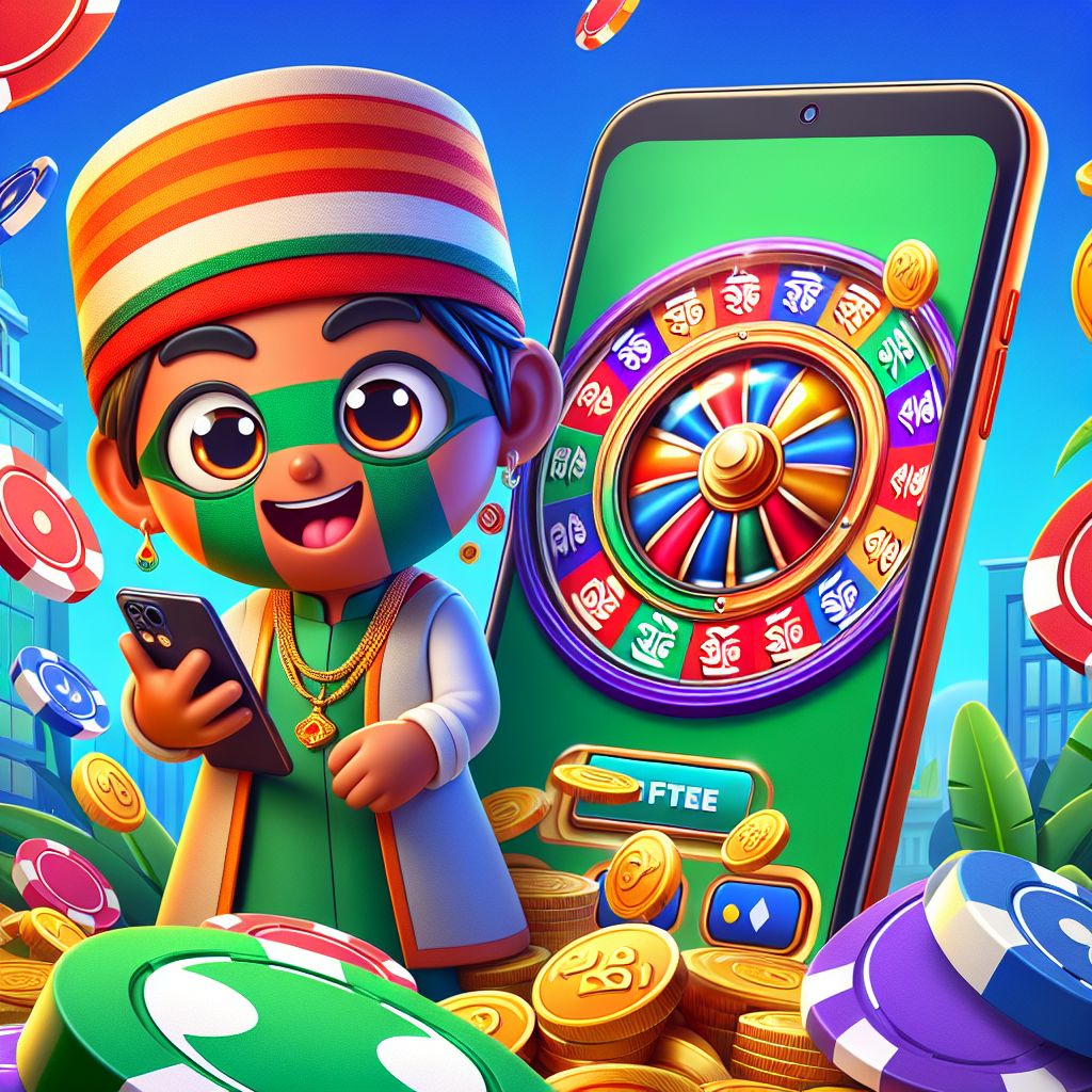 BDT999 casino cartoon character holding chips and a phone with slot reels
