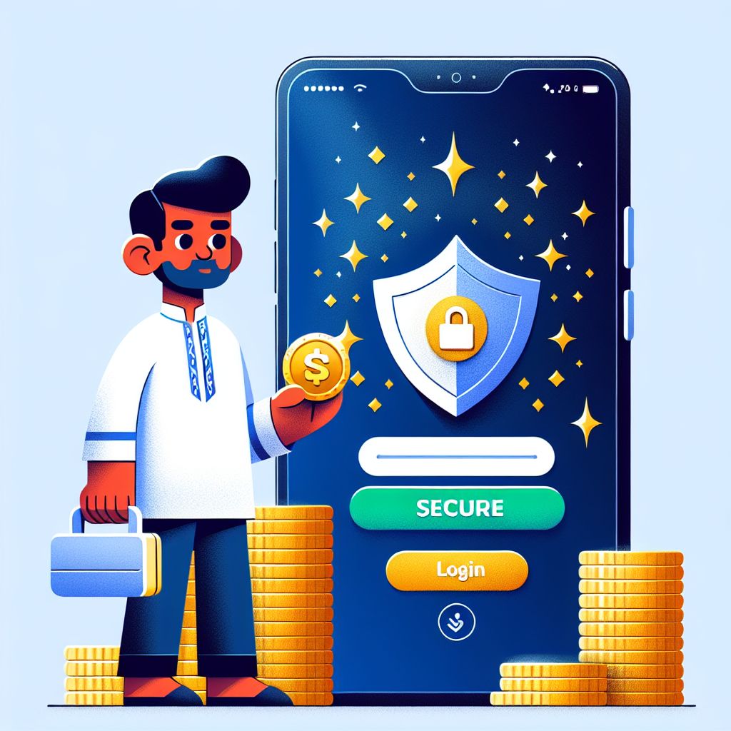 BDT999 themed cartoon character signing in on a smartphone with shield and coins