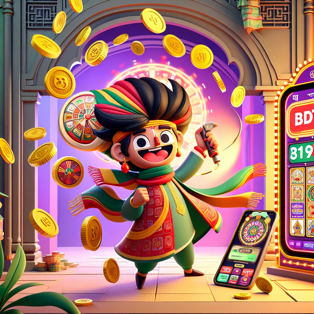 BDT999 slots cartoon character celebrating a big win with coins and reels